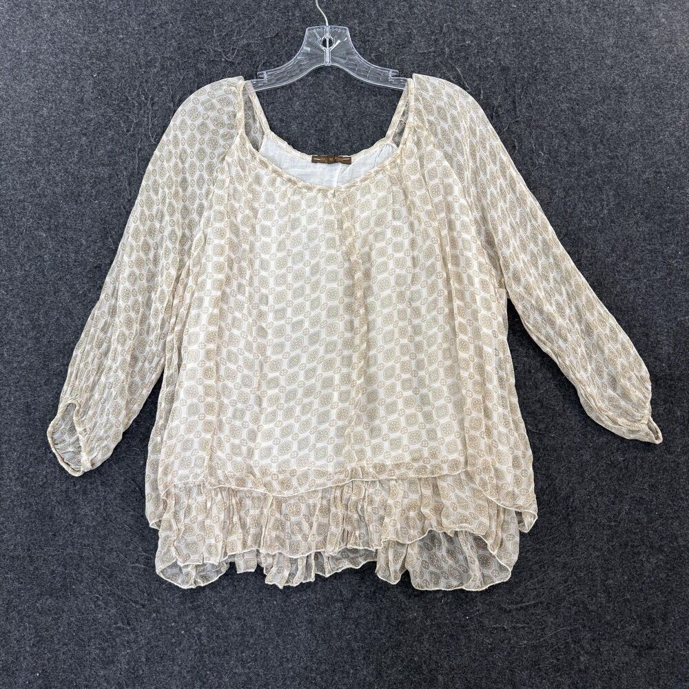 Piazza Roma Blouse Women's Medium Beige Silk Geometric Ruffle Tunic Top